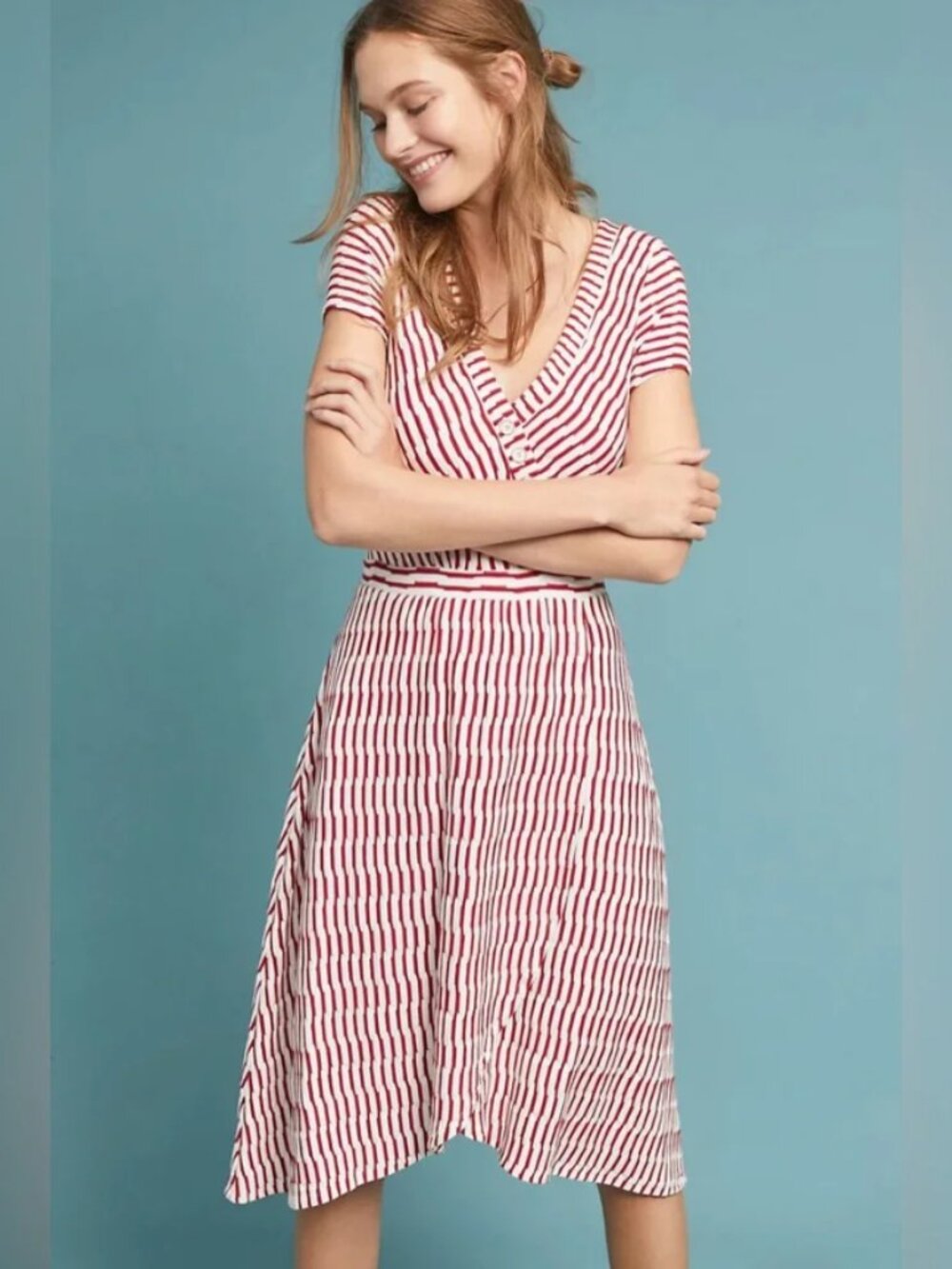 XS Maeve Paladino Textured Dress Red/White Stripe FIt And Flare Midi